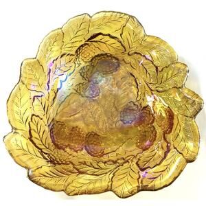 Vintage Amber Carnival Glass Grape Leaf Bowl 7” Iridescent Pressed Glass